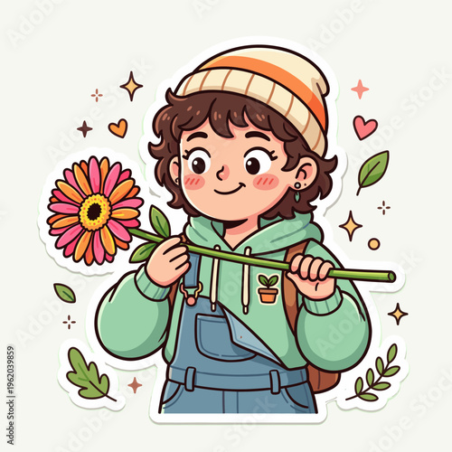 Young girl holding a flower in garden while smiling cheerfully  
