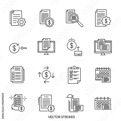 Set of outline vector icons depicting various business, financial, document management, and scheduling operations.