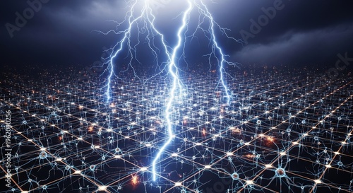 Twin bolts of lightning strike down onto a vast, illuminated cityscape constructed from a dense digital network grid.