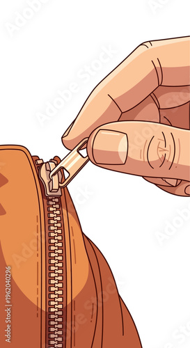 A hand is shown in close-up, pulling up a zipper on a brown fabric item, illustrating the action of fastening or closing.