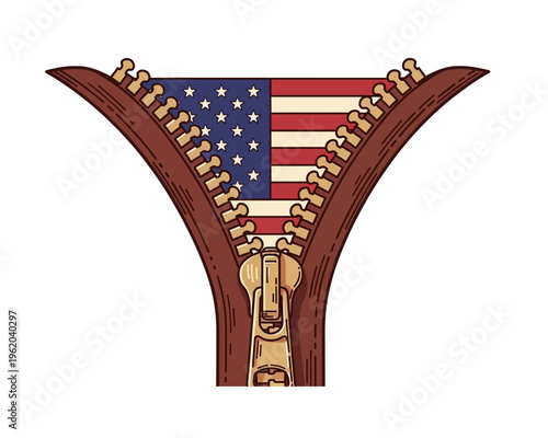 Detailed illustration of a brown zipper unzipping to show the United States flag, symbolizing national identity or revelation.