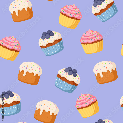 Sweet Easter pastry seamless pattern. Cupcakes and paschal cakes repeating background on purple