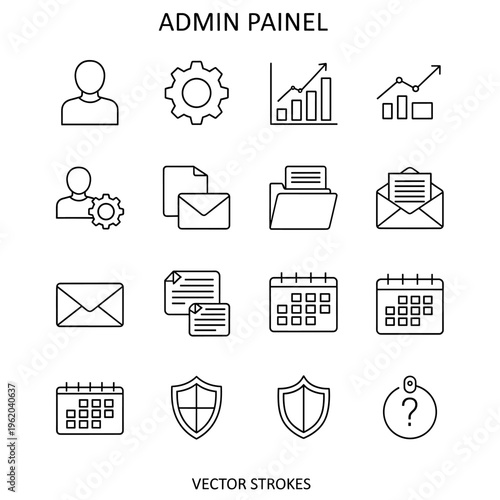 Collection of line icons for an admin panel, featuring user management, settings, data analytics, communication, documents, calendar, and security.