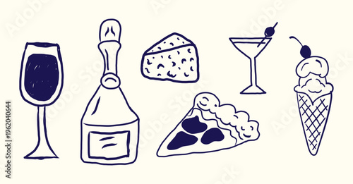 Hand drawn doodle set of food and drink in a naive doodle style. Expressive wobbly outlines in deep navy blue on a warm cream background. Isolated vector elements suitable for any background.