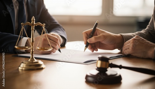 Legal Professionals Signing Official Contract at Law Firm Desk