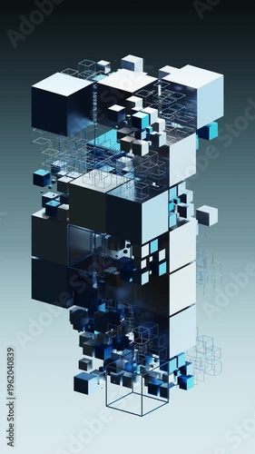 Dynamic visualization of abstract geometric shapes and cubes in a digital space 3D Geometric Shapes Cubes Motion Design Technology Futuristic. Concept featuring 3d, geometric shapes, cubes, motion,...