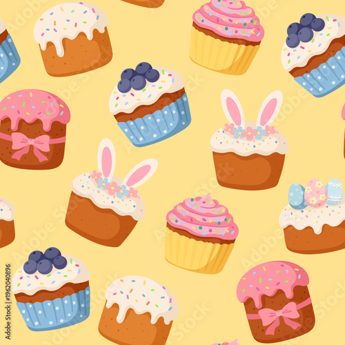 Easter cakes and cupcakes with bunny ears seamless pattern. Spring holiday treats repeating background on light yellow