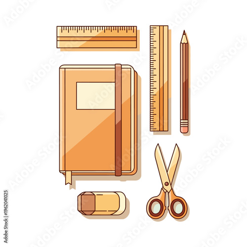 A flat lay illustration of various stationery items including a notebook, rulers, a pencil, scissors, and an eraser, arranged on a white background.