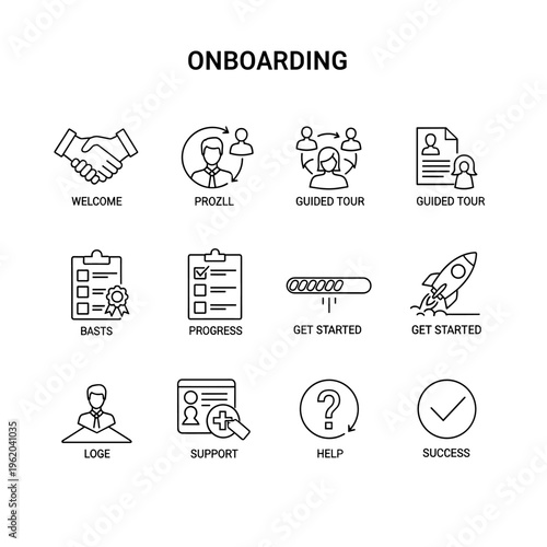 A collection of line icons illustrating various stages and elements of the onboarding process, including welcome, guided tours, progress, support, and success.