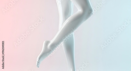 The graceful, slender legs of a white mannequin are posed against a soft, pastel gradient background.