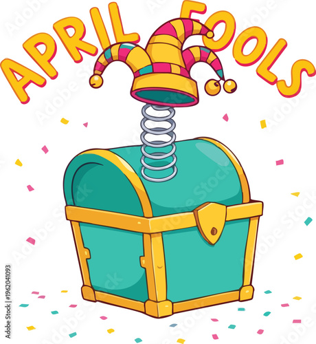 April fools day jackinthebox with jester hat popping out of a treasure chest