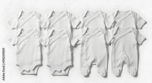 group of white infant bodysuits with zippers and short sleeves for baby clothing