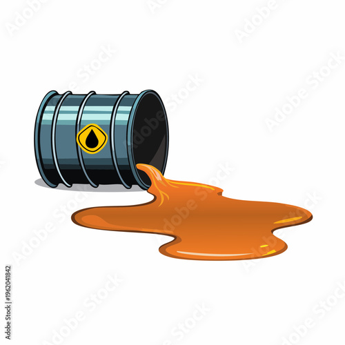 Oil barrel spilling crude oil with hazard symbol with the barrel features a