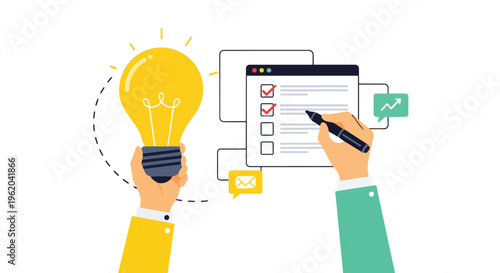 Hands holding a glowing lightbulb and using a pen to write on a checklist on a white background, concept for idea generation, planning and marketing strategy.