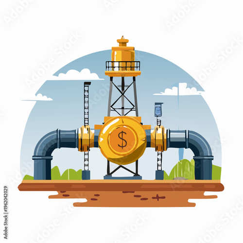 Industrial pipeline with dollar sign valve and water tower