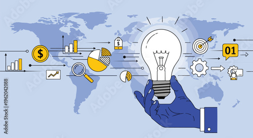 Illustration of a bright light bulb held by a blue hand, with business and financial icons, set against a world map, ideal for innovation, strategy development, and business infographics.