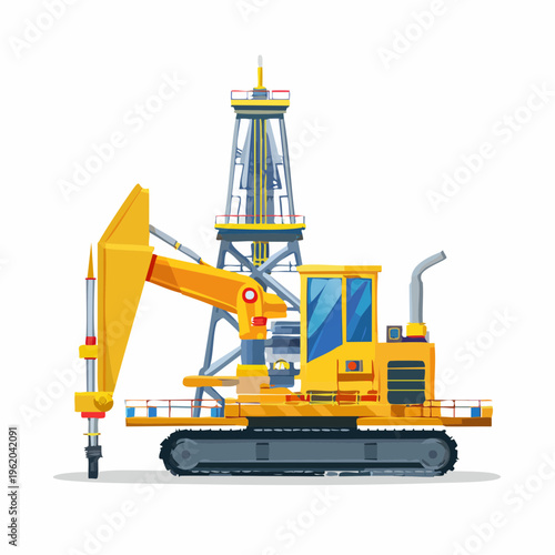 Yellow drilling rig with crawler tracks and crane arm with the rig displays