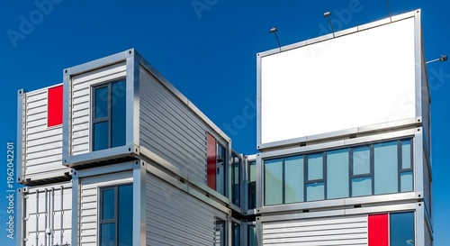 modern shipping containers with blue red accents and glass windows for construction