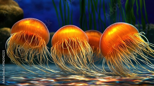 Three Orange Jellyfish Drifting in Dark Blue Water