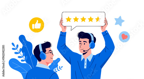 Vector illustration of customer service agents receiving a five-star rating and positive feedback, symbolizing excellent support and satisfaction