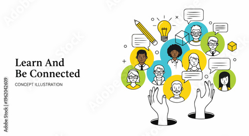 Minimalist vector illustration of diverse people connecting, creative idea with pencil and light bulb, suitable for education, online learning platforms, and team building workshops.