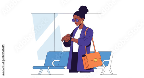 woman in airport waiting area looking at watch