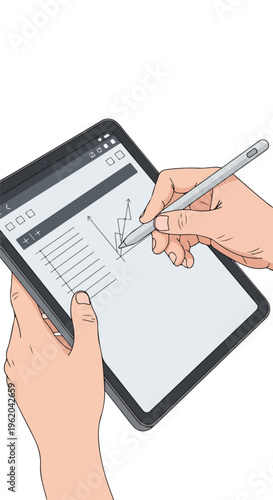 Hands holding tablet and stylus, taking notes and drawing
