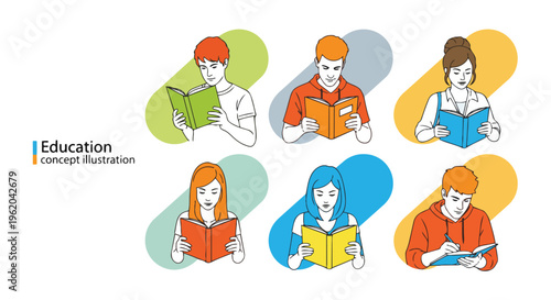 Outlined figures of diverse students reading and writing against bright colored backgrounds, concept for educational content, online learning, and academic studies materials.