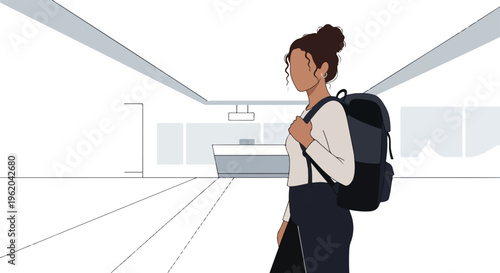 young woman with backpack standing in modern interior