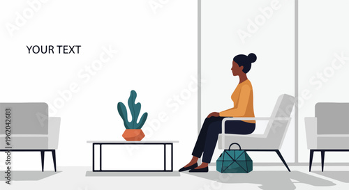 woman sitting in waiting room with chair and cactus