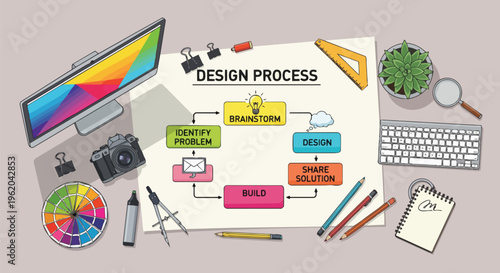 Top view of a colorful computer screen, camera, and design tools illustrating the design process, suitable for marketing materials, website design, and creative agency presentations.