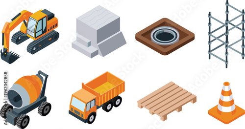 Isometric construction elements and machinery vector set, excavator concrete mixer dump truck pallet cone, industrial building materials and equipment illustration