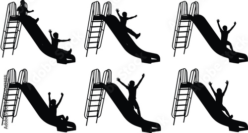 Black silhouette collection of children sliding down playground slides featuring various active poses and joyful expressions for outdoor park activities design