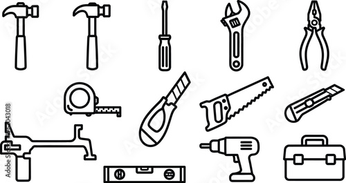 Black and white line drawing of various hand tools