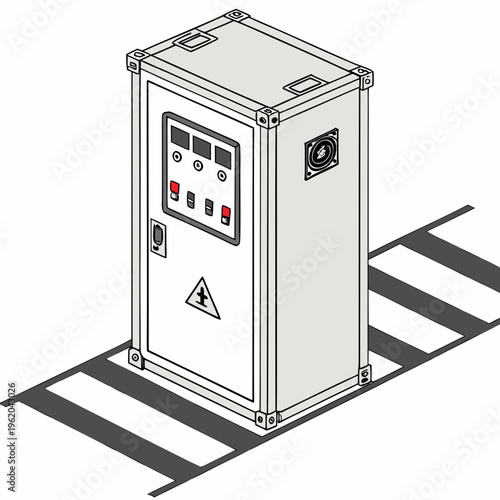 An electrical cabinet with a control panel and warning signs