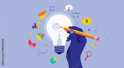 Vibrant illustration of a hand sketching a lightbulb with pencil, surrounded by data charts and icons, perfectly for brainstorming sessions, innovation ideas and creative marketing campaigns.