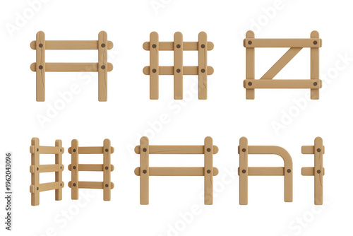 Seven wooden fence pieces in different styles and configurations wooden fences isolated on a transparent background