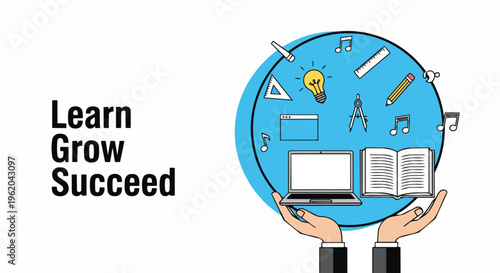 Vibrant illustration of learning tools within a blue sphere, held by hands, concept of education, growing and success, perfect for educational websites, business training and personal development.