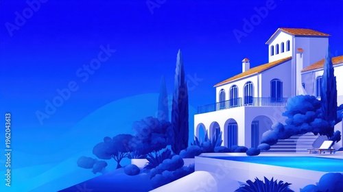 Serene villa with arches, pool, and trees against a vibrant blue sky, exuding tranquil ambiance