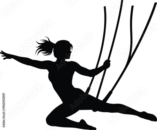 aerial dancer silhouette, acrobat, gymnastics, flexibility, performance, fitness, strength, balance, sport, dance, aerial silk, movement, athlete, vector