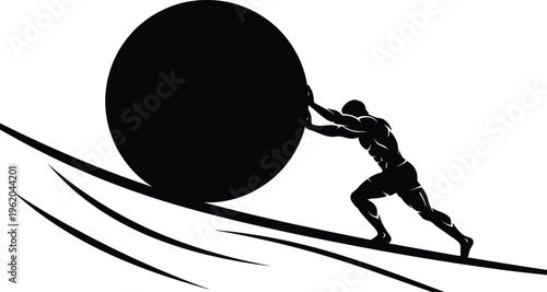 man pushing boulder, struggle concept, challenge, effort, perseverance, hard work, determination, motivation, obstacle, success, resilience, strength, achievement, vector