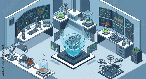 Isometric Science Lab with Advanced Technology and Equipment.
