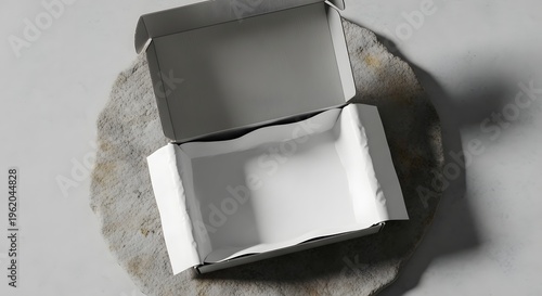 open white cardboard box with shadows on gray surface for product packaging