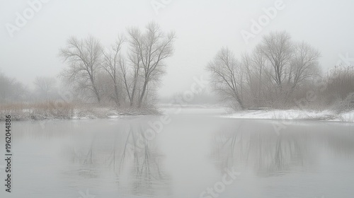 Serene frozen lake scene with snowy banks, bare trees, and foggy sky, reflecting calm and tranquility