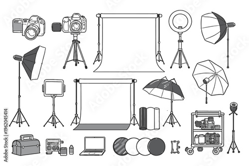 Professional photography studio equipment setup with cameras and lighting gear.