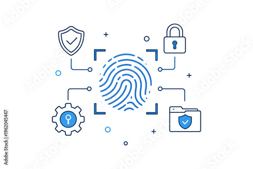 Digital fingerprint security system with data protection icons.