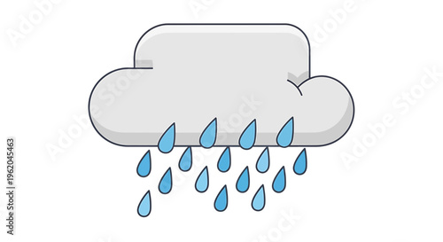 Flat illustration of a gray rain cloud with blue raindrops on white background