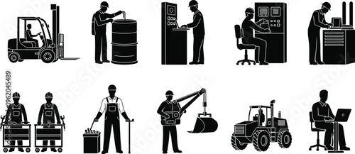 Industrial Worker Silhouette Set with Forklift Operator Technician Engineer Factory Machinery Logistics Warehouse Staff and Construction Equipment Vector Illustration for Business