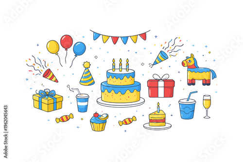 Colorful birthday party elements with cake, balloons, and gifts.