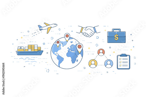 Global trade and logistics concept with world map, shipping, handshake, business connections.